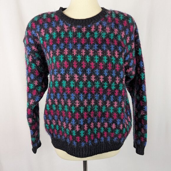 Best American Sweater Vintage Black Pink Fuzzy 80s 90s Wool Blend Womens Size M - Picture 1 of 9